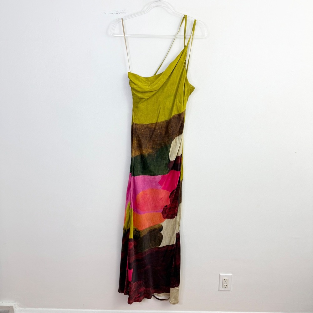 Anthropologie BL-NK Abstract Print One Shoulder Slip Maxi Dress Medium - Picture 3 of 7